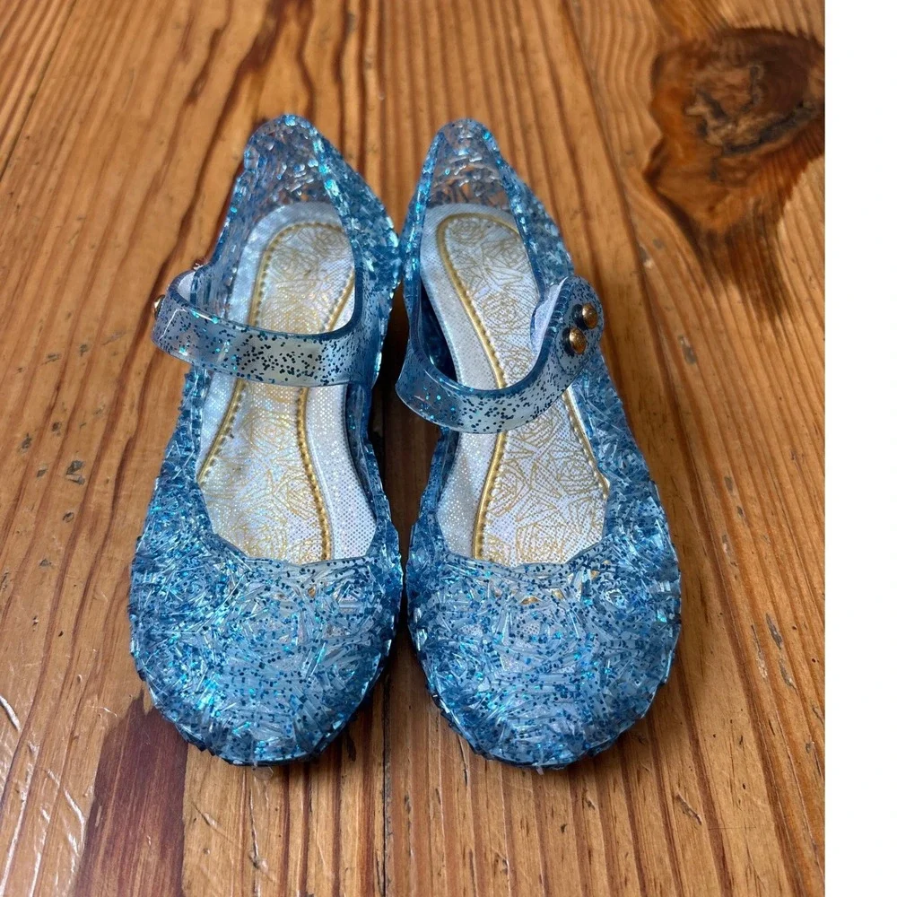 Disney Princess Cinderella Glass Slipper Kids Blue Glitter Jelly Shoes SIZE 24